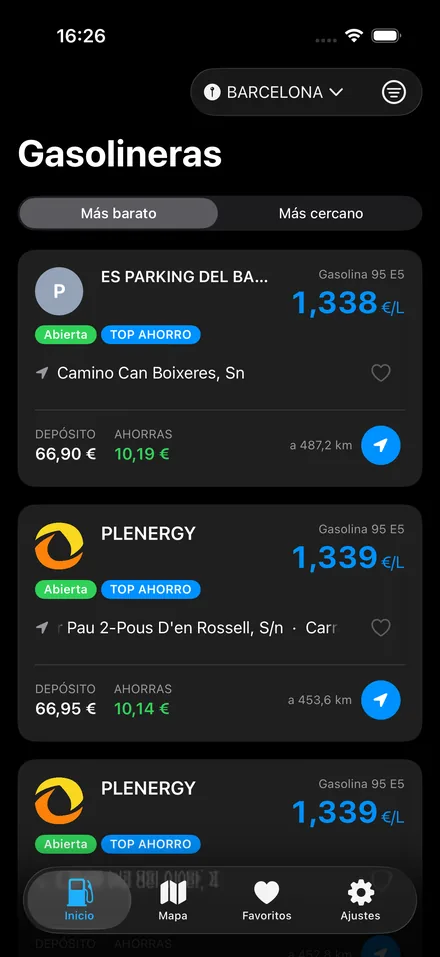 Lista de gasolineras de CholloGas ordenadas por precio, con el ahorro por depósito