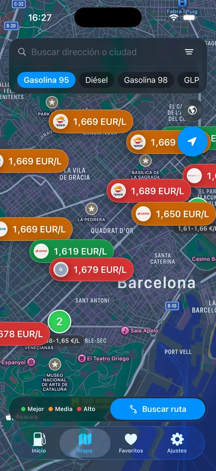 Mapa de precios de CholloGas sobre Barcelona, con el precio de cada estación