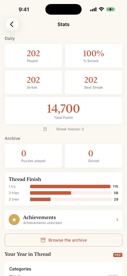 Hilo statistics: games played, win rate and streak