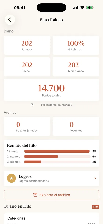 Estadísticas de Hilo: partidas jugadas, porcentaje de aciertos y racha